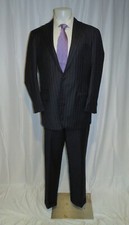 David Chu Bespoke Navy Blue Striped Two Button Suit 40L