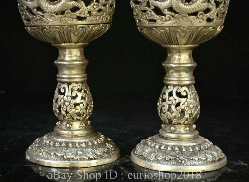 Par de quemadores de incienso incensario hueco patrón dragón dinastía plata China de 8,6 " Foto 3 de 4