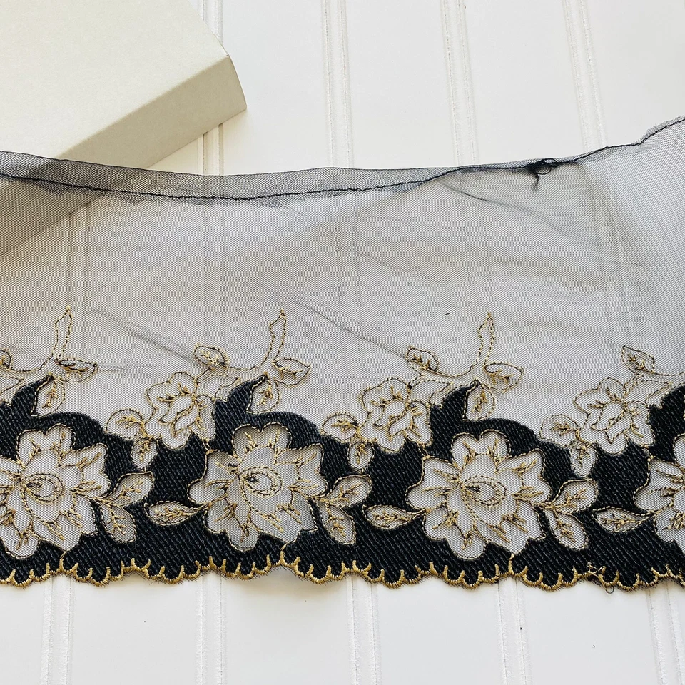Black & Gold  Floral Embroidered Lace Trim for Sewing/Bridal/Crafts/6" Wide - Image 4 of 4
