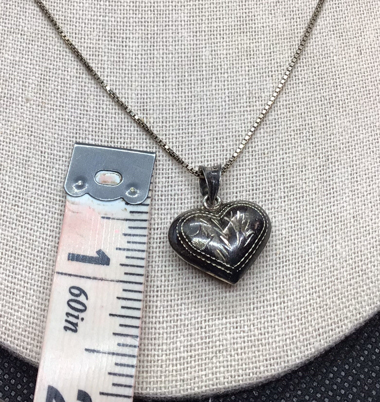 Vintage Sterling Silver 925 Floral Etched Heart Pendant Necklace