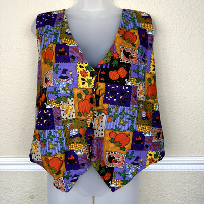Vintage Halloween Vest Basic Edition 2X 90s Retro Pumpkin Scarecrow Patchwork