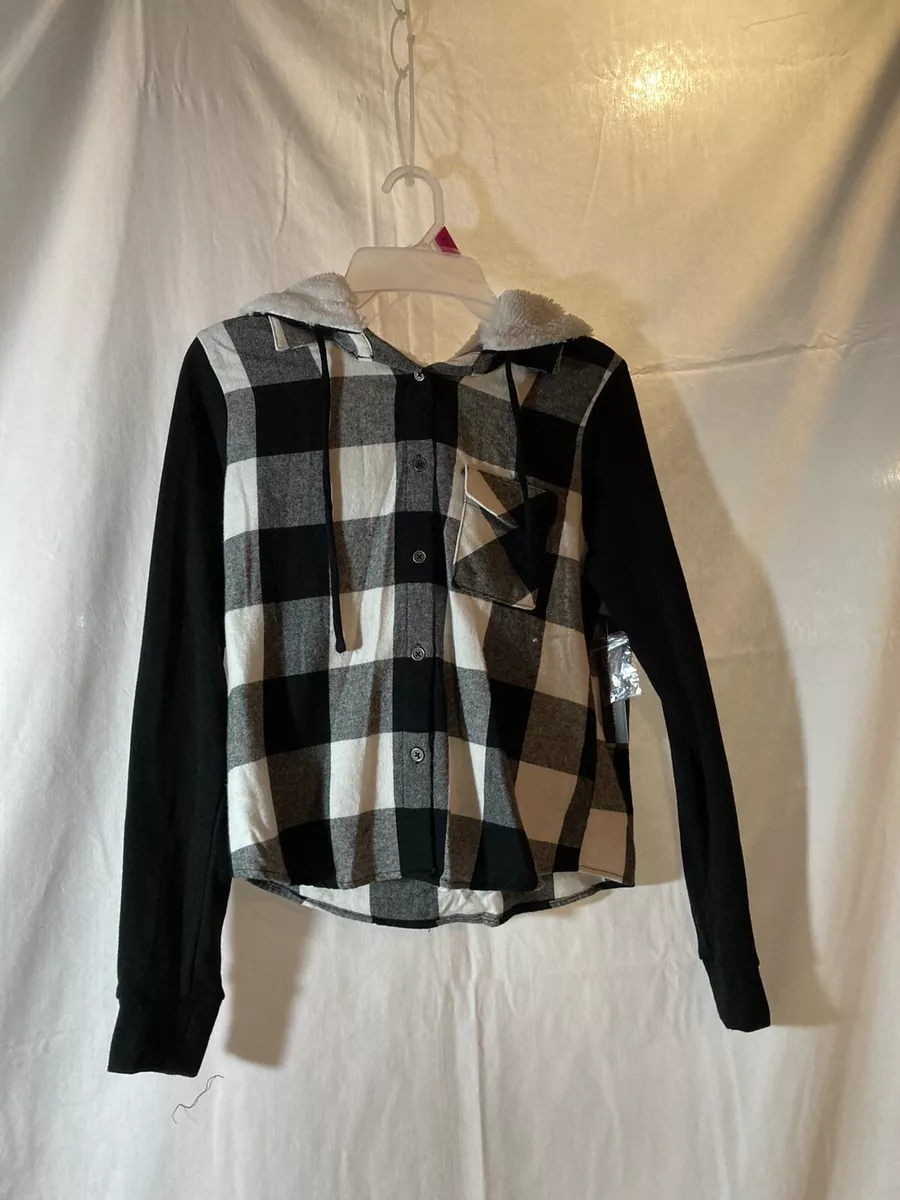 No Boundaries Cropped Flannel Hoodie Black Plaid Junior Size S 3 5 NWT