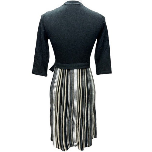 Studio 1 Striped Black Gray Tan Cream Skirt Belted Sweater Dress Size SM NWT - Picture 5 of 9