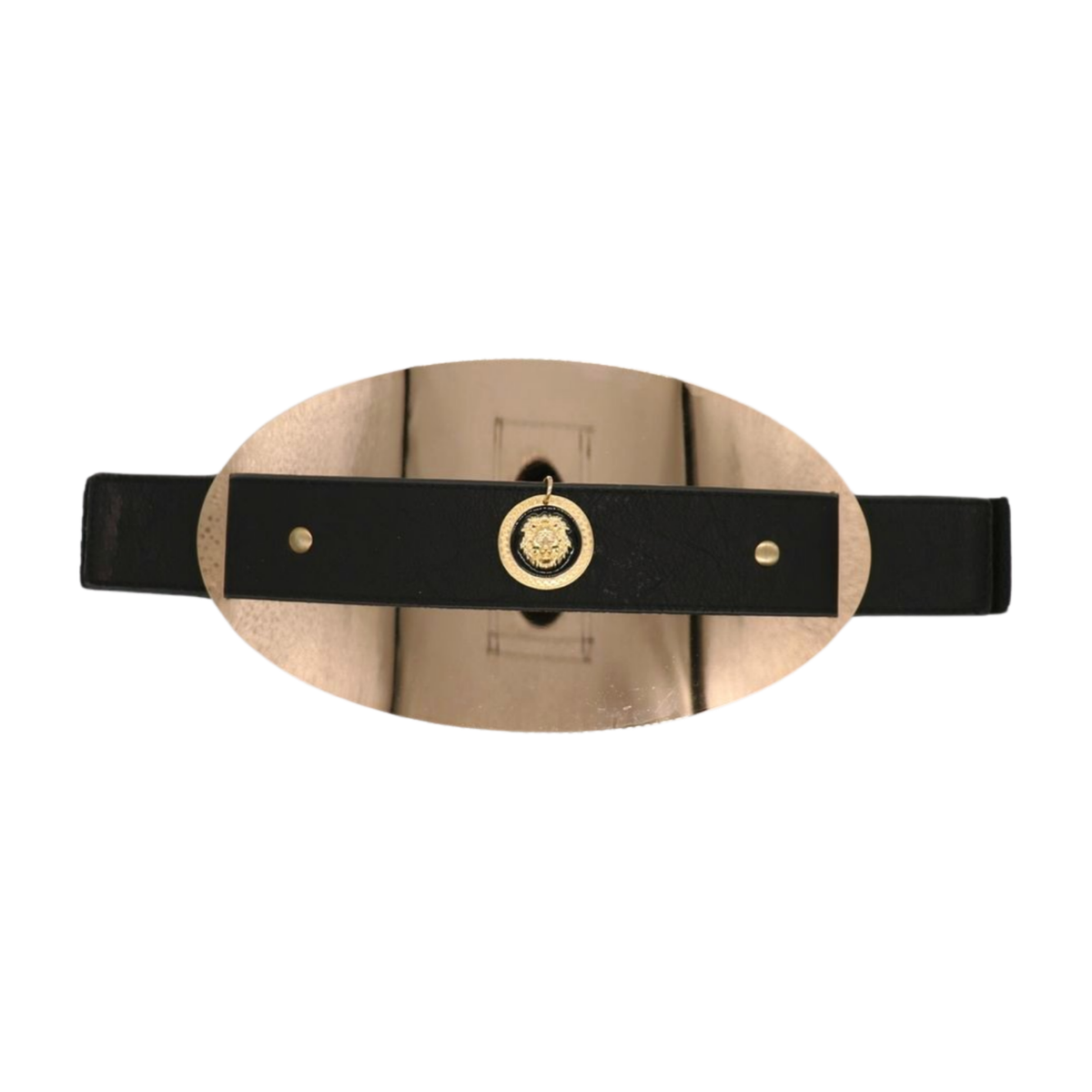 Black & Gold Lion Accent Elastic Statement Belt Women Black Elastic Bold Statement Belt Gold Metal Oval  main image 2