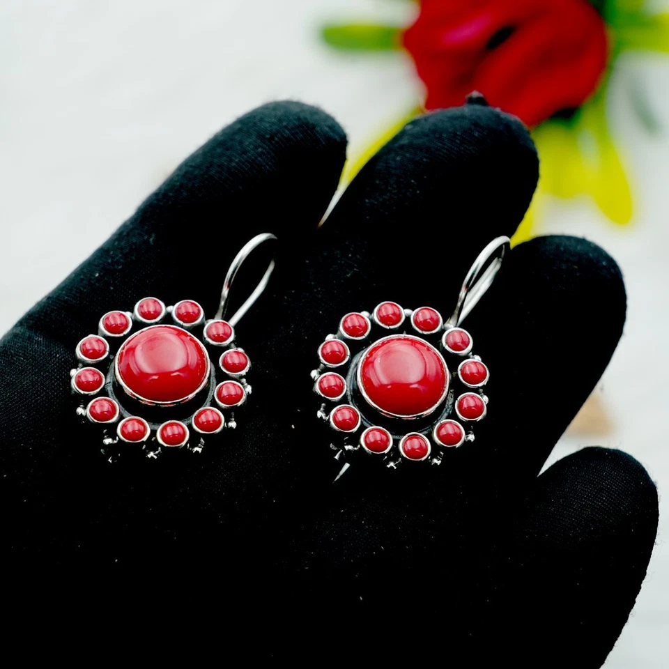 Brinco de casamento prata esterlina 925 coral pedra preciosa vermelha presente para ela - Imagem 2 de 4