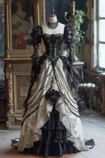 Black and White Victorian Prom Dresses Gothic Corset Lace Applique Vintage Grown