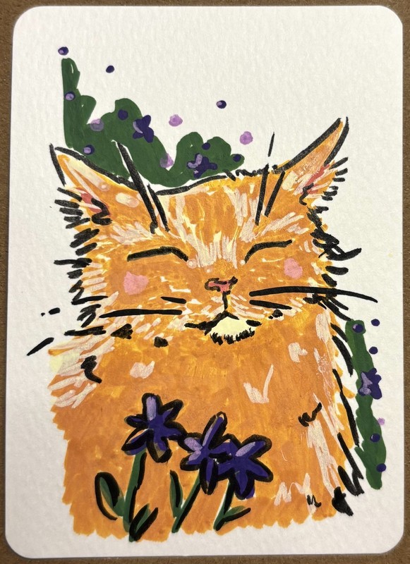 "Orange & Violet" Cat & Flower Series, ACEO Original, 2.5"x3.5", maplenfig