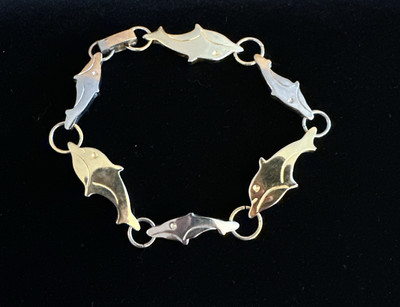 Vintage Delphin Link zweifarbig Tennis Armband Sterlingsilber 925 7'' Ozean