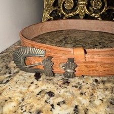 Vintage 1940s Leather Western Belt Silver Buckle Brown Sz 34 Cowboy/ Cowgirl