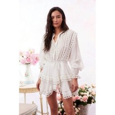 LoveShackFancy Tindra White Cotton Eyelet Mini Dress Ruffle Long Sleeve XXS