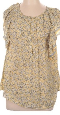 NWT Max Studio Yellow Flower Print Ruffle Short Sleeves Button Front Top Blouse