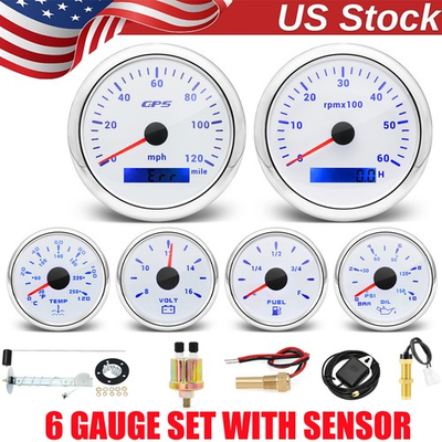 #ad 6 Gauge Set with Sensor 85mm GPS Speedometer 120MPH Tacho Fuel Oil Temp Volt US $149.30