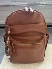 Miss Fong Large Leather Diaper Bag Backpack with 15 Pockets Hand Sanitizer Clip