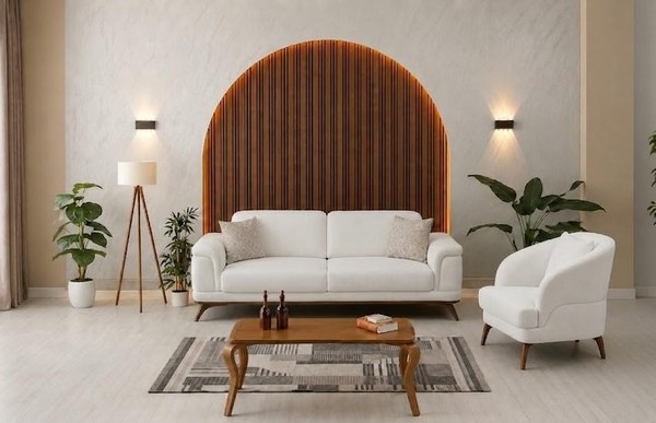 Wohnzimmer Set: 3-Sitzer Sofa, Sessel Weiß Minimalistisches Design-image