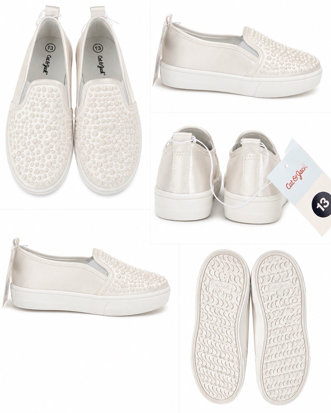Cat & Jack Girls White Pearl Studded Slip-On Sneakers Shoes Size 13 NWT