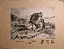 Ancienne Lithographie Soldats Guerre WW1 Champ Bataille Pour Sa Mère Signé Croix