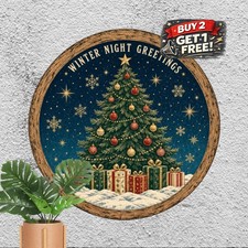 Christmas Holiday Round Metal Decor Sign Winter Wall Plaque 8x8 Inch