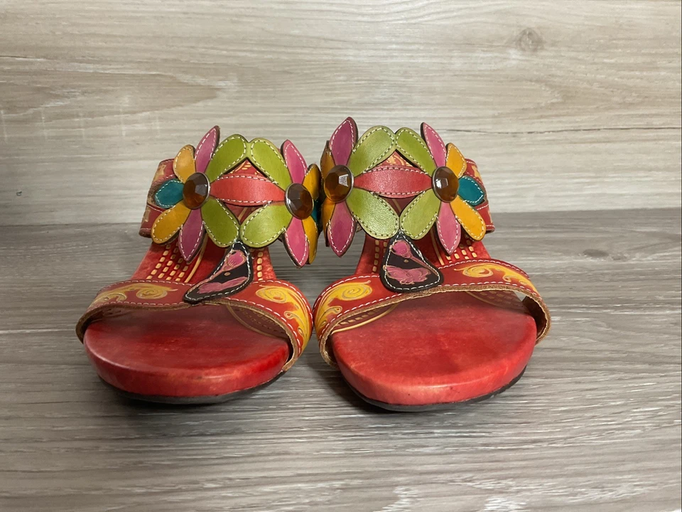 Spring Step Papaya Sandals Womens Size 37 Red Multi Flower Leather Heels Shoes - Image 3 of 4
