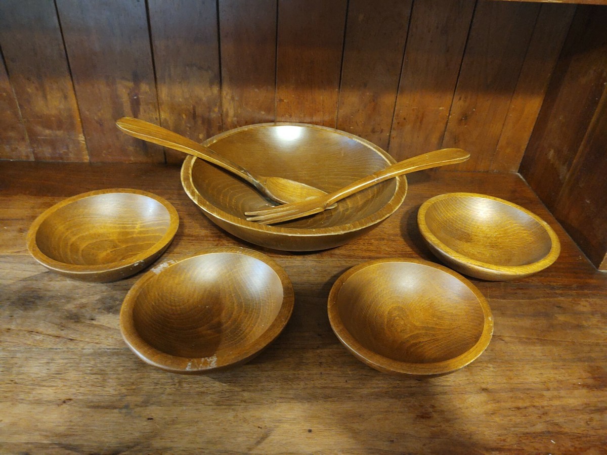 Vintage Hand Turned Wooden Salad Bowl Set Piece