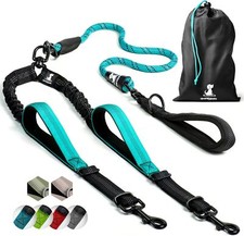 Teal Double Dog Leash For Two Dogs Bungee No Tangle Swivel Control 360 Handle