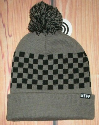 MENS NEFF GRAY BLACK CHECKED POM POM BEANIE HAT