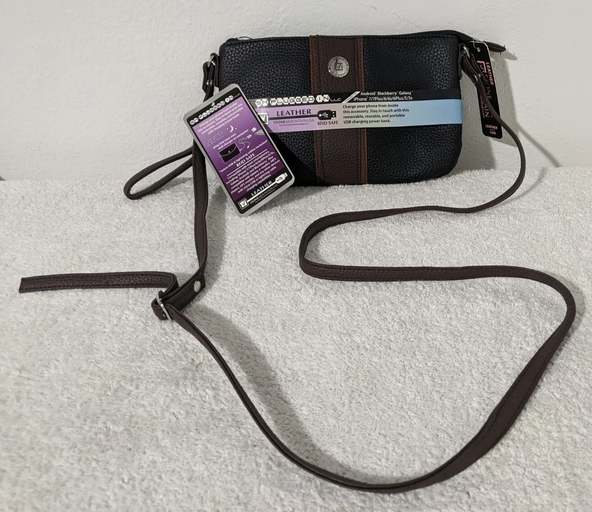 NWT Stone Mountain Plugged In Leather Crossbody Bag Purse Black Brown w Charger