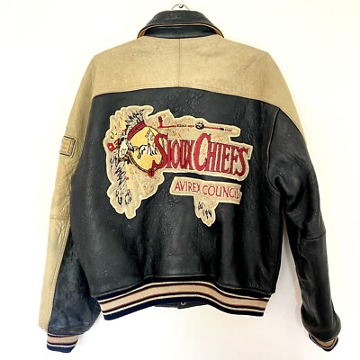ジャケット・アウター AVIREX 90s leather stadium jumper Indian Rare Avirex leather jacket Tomahawks Indian Chief Head Usa