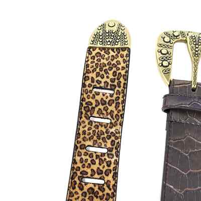 Chicos Belt Womens Medium Brown Black Leather Leopard Brass 