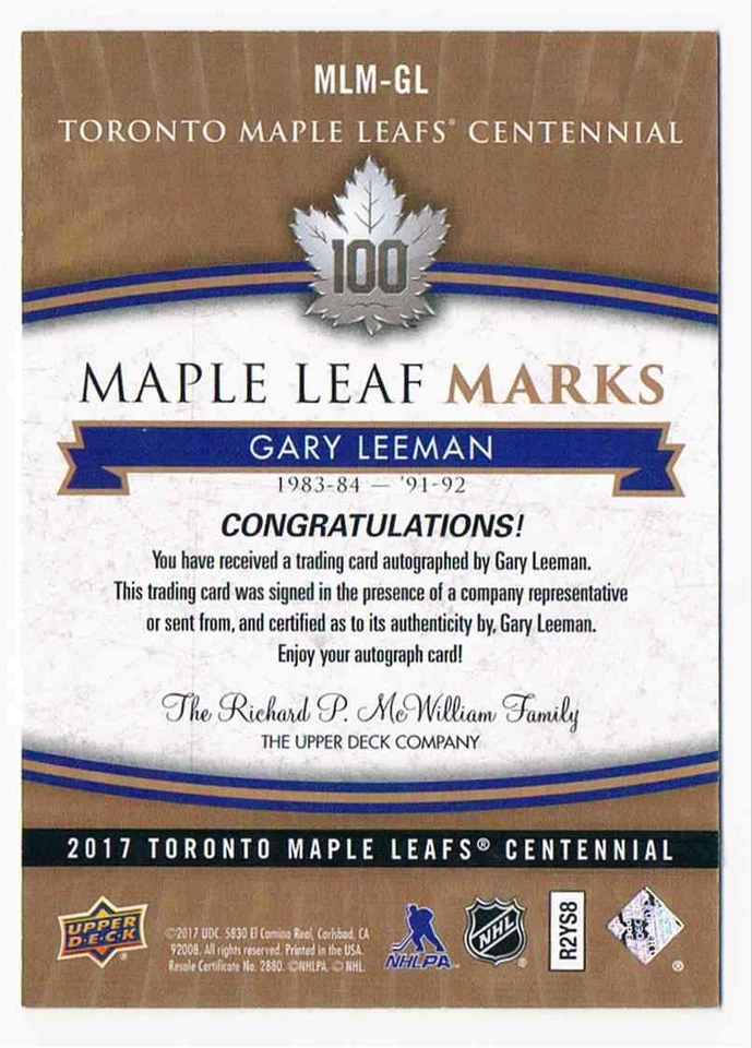 2017-18 UPPER DECK CENTENNIAL MARKS GARY LEEMAN TORONTO MAPLE LEAFS #MLM-GL - Image 2 of 2