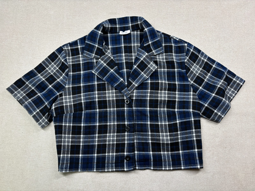 Brandy Melville John Galt Blouse One Size Blue Plaid Flannel Cropped Button Up
