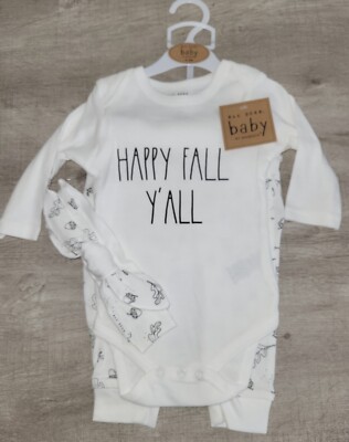 Rae Dunn Baby Happy Fall Y'all 3-Piece Set Bodysuit Pants & Headband NWT 3-6M