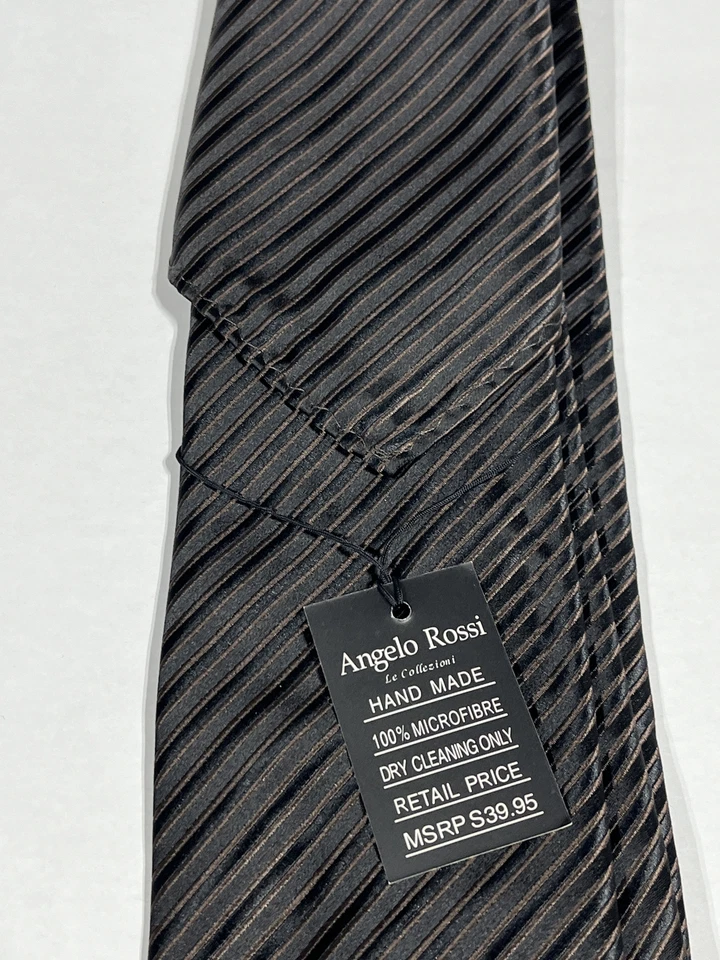 Corbata negra para hombre Angelo Rossi con rayas marrones hecha a mano NUEVA Foto 2 de 3