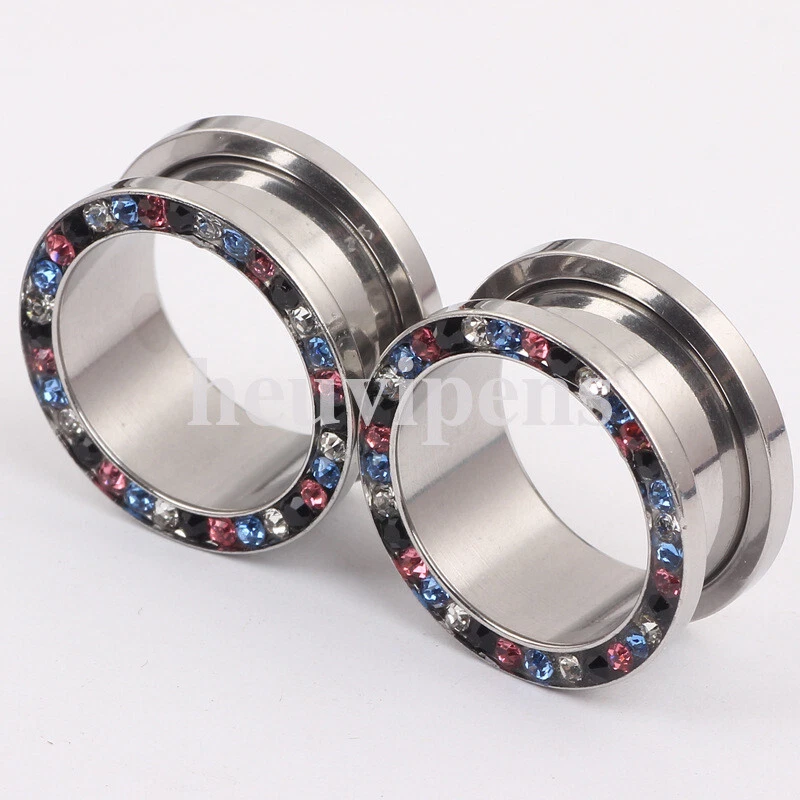 1 Par Multi Cristal Acero Tornillo Ajuste Oreja Tapón Carne Túnel Estirador Piercing Foto 2 de 3