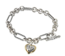 DAVID YURMAN 18K GOLD & STERLING SILVER FIGARO HEART CHARM BRACELET IN BAG