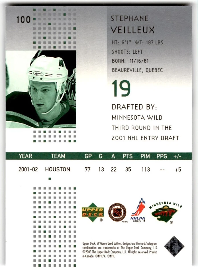 2002-03 SP Game Used New Grooves Stephane Veilleux Rookie /750 #100 Minnesota - Image 2 of 2