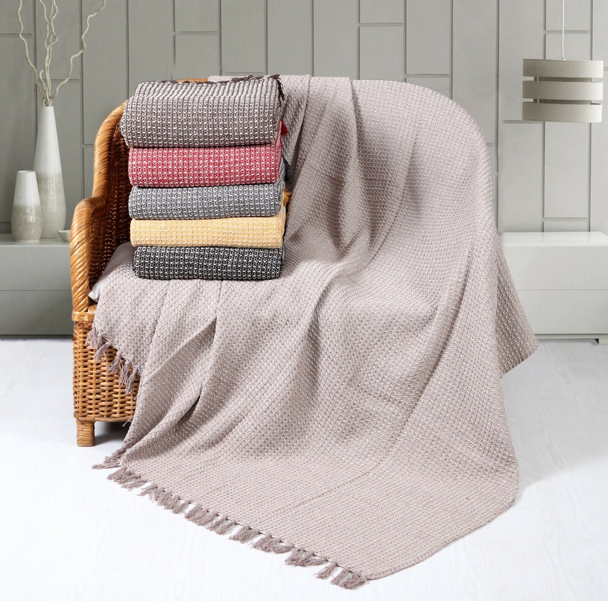 Waffle Style Sofa/Bed Throws 100% Cotton Warm Soft Two Tone Blanket Throws