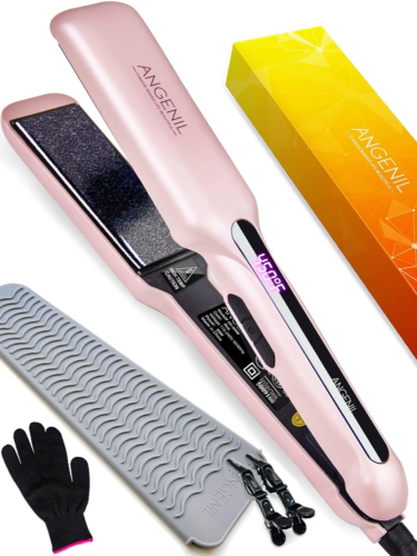 Wide 1.6" Iron Hair Straightener Brush, Dual Voltage 2-in-1 Curler, Fast Heat