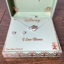 Disney I Love Minnie Mouse Silver Plated Necklace and Earring Gift Set - NEW