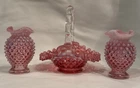 Vintage Lot Of Fenton Cranberry Opalescent Hobnail Glass 4” Vases/2 & 6” Basket*