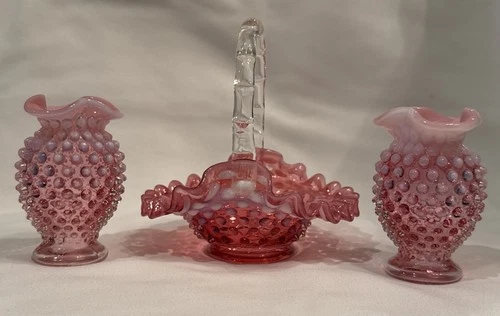 Vintage Lot Of Fenton Cranberry Opalescent Hobnail Glass 4” Vases/2 & 6” Basket*