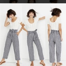 Madewell Linen Cotton Paperbag Pants Stripe Size 2 Coastal Summer Minimalist
