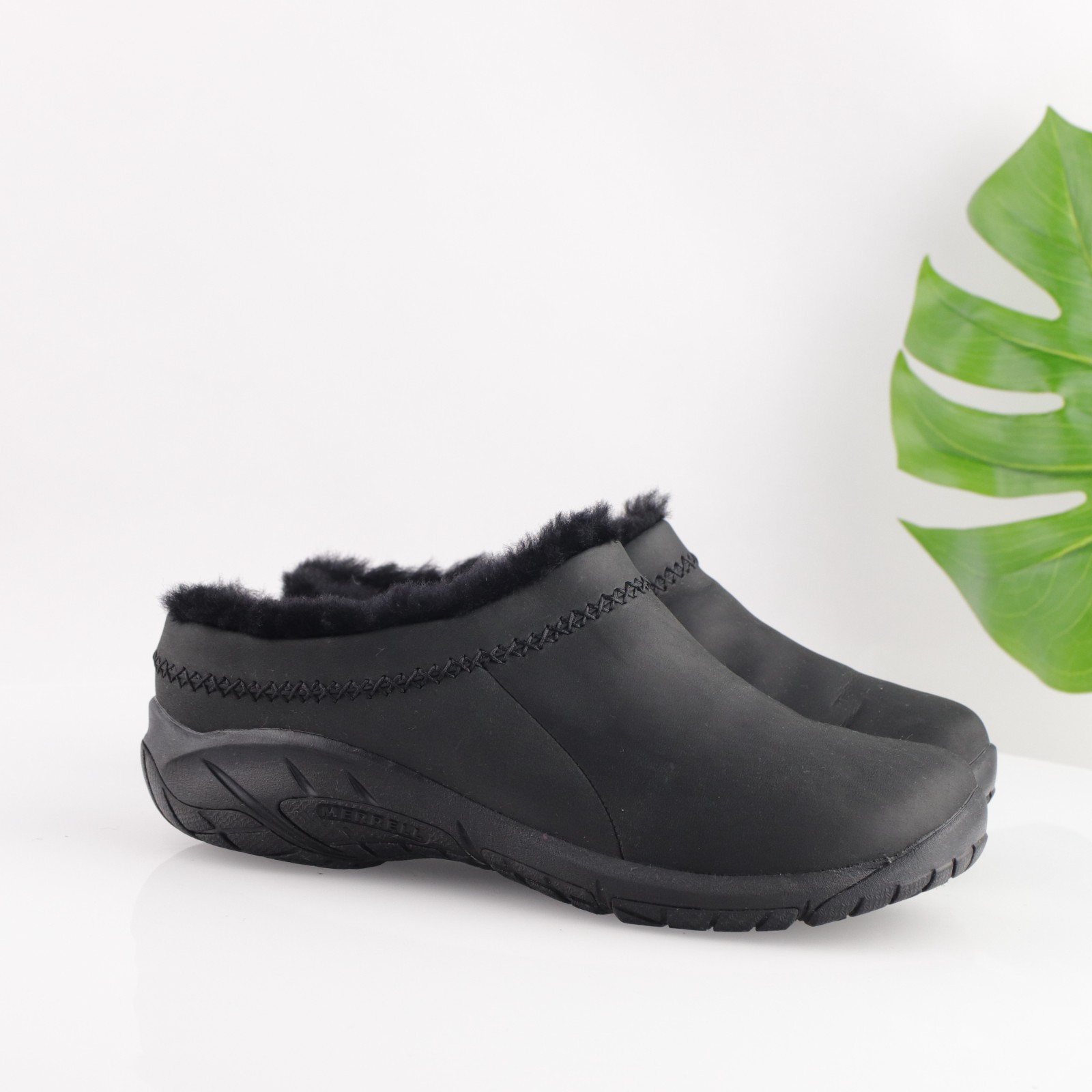 Scarpa slip on Merrell donna Encore Ice 4 Mule taglia 11 zoccoli sherpa in pelle nera