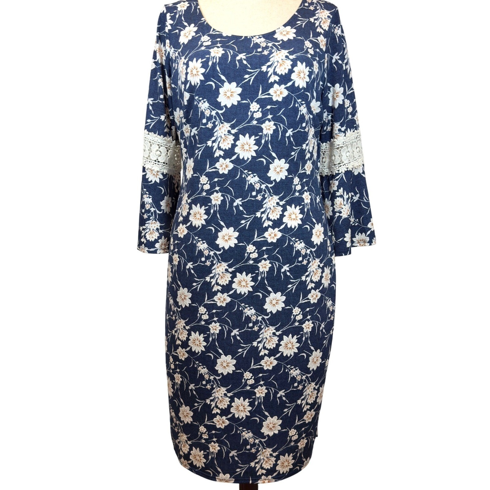Womens Floral Shift Dress Size 14 Blue Cream Crochet Bell Sleeves Boho Fairycore