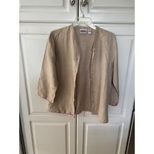 Chicos Design Silk Linen Jacket Tan Red Trim Knot Button Size 1 Womens M