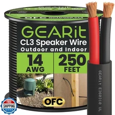 GearIT 14/2 Speaker Wire (250 Feet) 14AWG Gauge - Outdoor Direct Burial in Gr