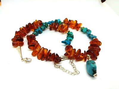 Sterling Silver USA Natural TURQUOISE & BALTIC AMBER Necklace adjustable 17'' -20