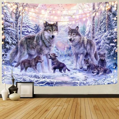 W59 × H51 inches. Snow Wolf Tapestry Pink Family Wolves Wall Hanging Decor 