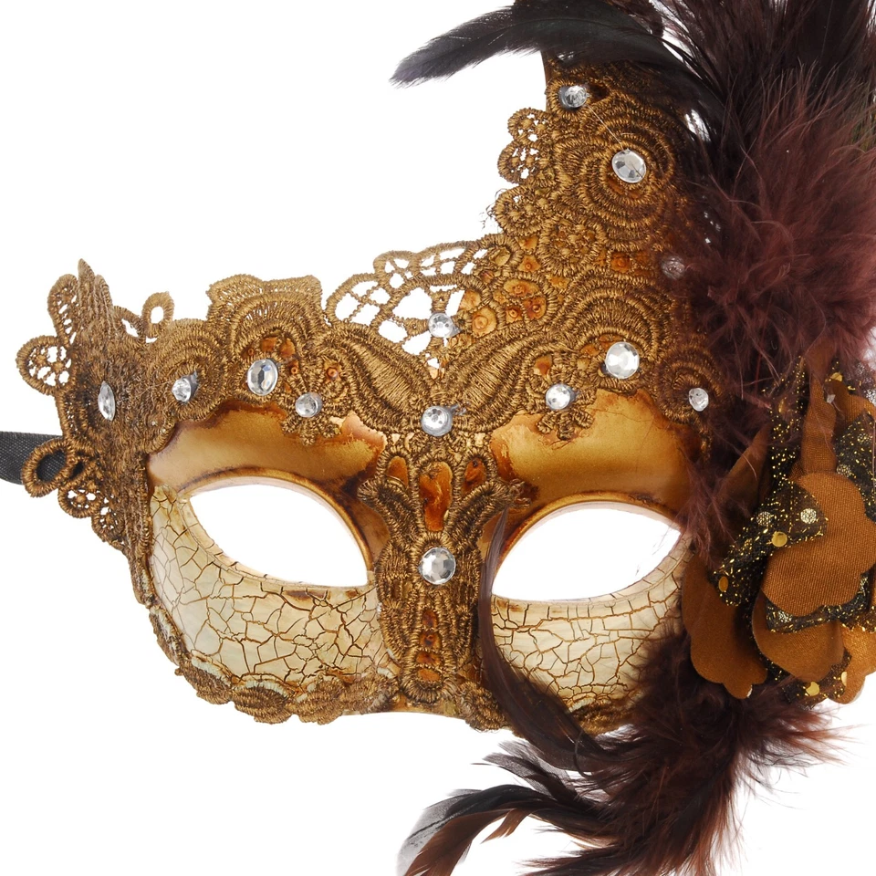 Brocado Veneciano Encaje Mardi Gras Baile de graduación Mascarada Máscara de Baile con Plumas [Dorado] Foto 3 de 4