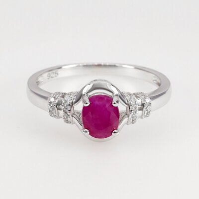 18k White Gold Plated Natural Ruby Oval 6x5mm & White Zircon Silver Ring