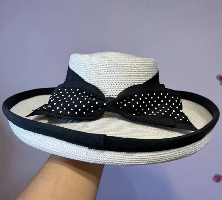 Vintage Kokin New York Black & White Straw Hat with Polka Dot Large Bow - Image 2 of 4